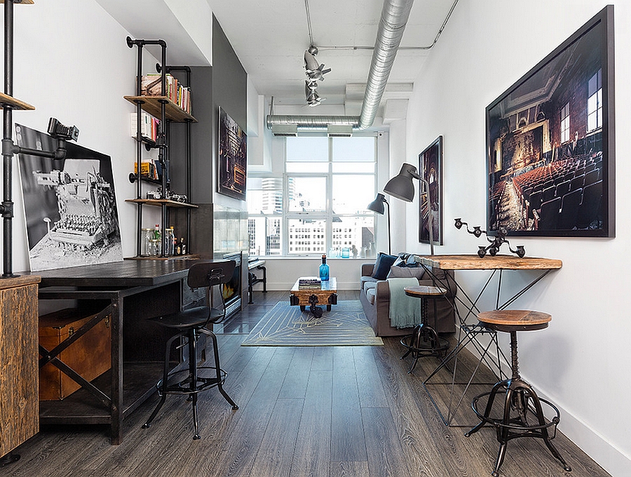 Luxurious-Ingenious-Industrial-Home-Offices-Design-With-White-Wall-Wall-Art-Hanging-Lamps-Wooden-Stainless-Steel-Table-Stainless-Steel-Desk-Glass-Window-Wooden-Floor