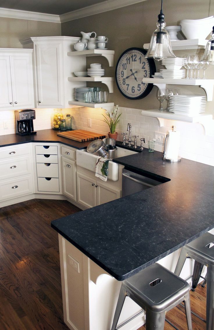 Kitchen Love black granite counter tops white subway tile backsplash and white cabinets