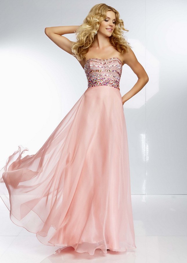 Pink Rhinestone Beaded Strapless Chiffon Long Prom Dress 2015