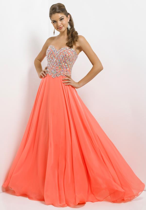 Prom Dress A Line Sweetheart Long Chiffon Crystals 2015 Coral Prom Gowns