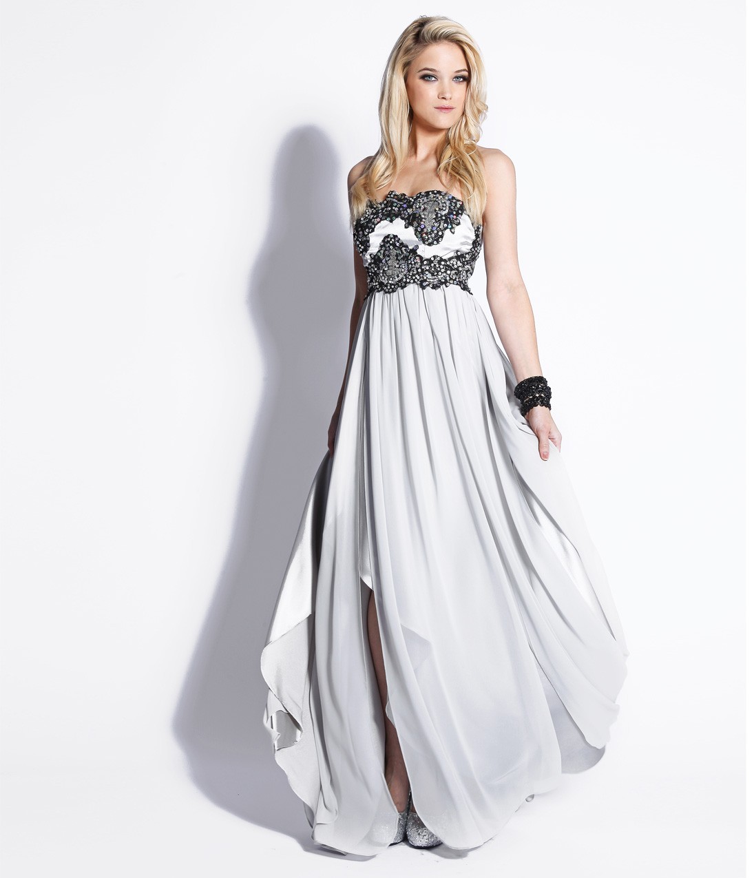 Silver Black Embroidered Chiffon Strapless Empire Waist Prom Dress 2015