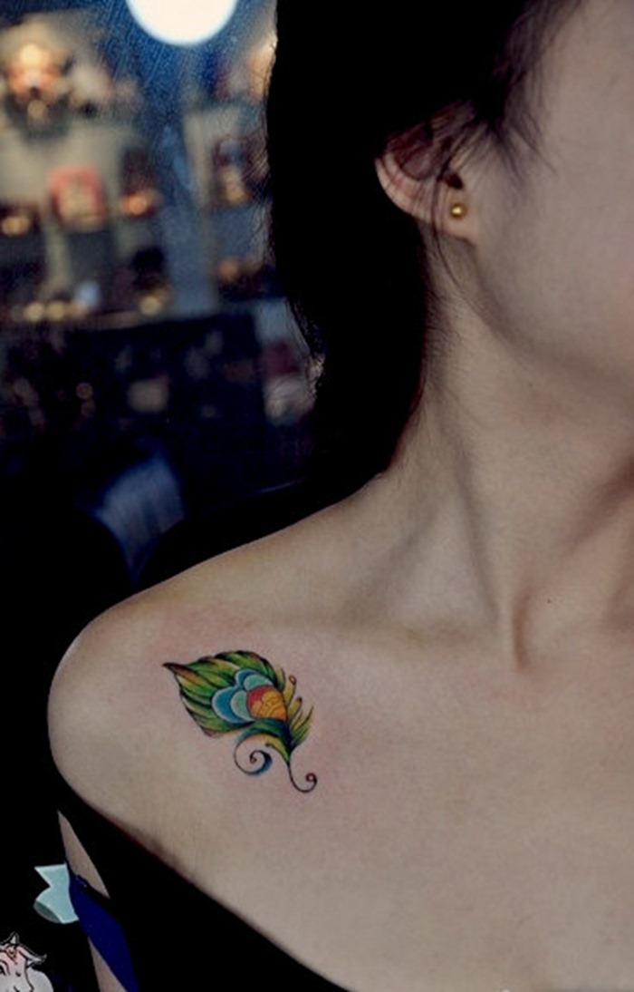 Small Color Feather Tattoo Design on Shoulder for Women