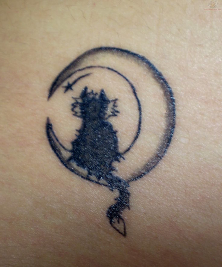 Moon And Cat Small Tattoo