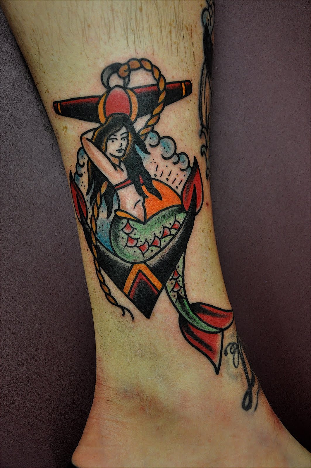 Traditional Colored Anchor Tattoos On Leg