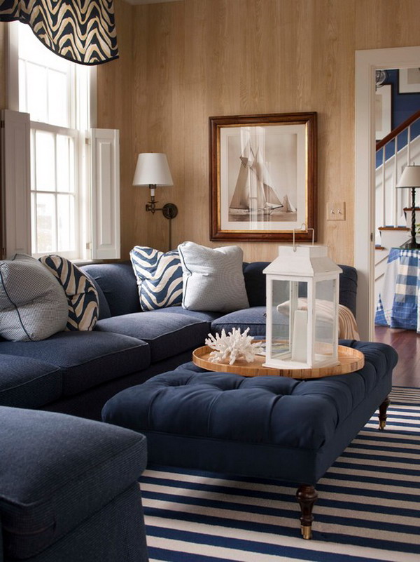 Traditional Nautical Living Room Plan With Elegant Blue Ottoman And Stripped Rug