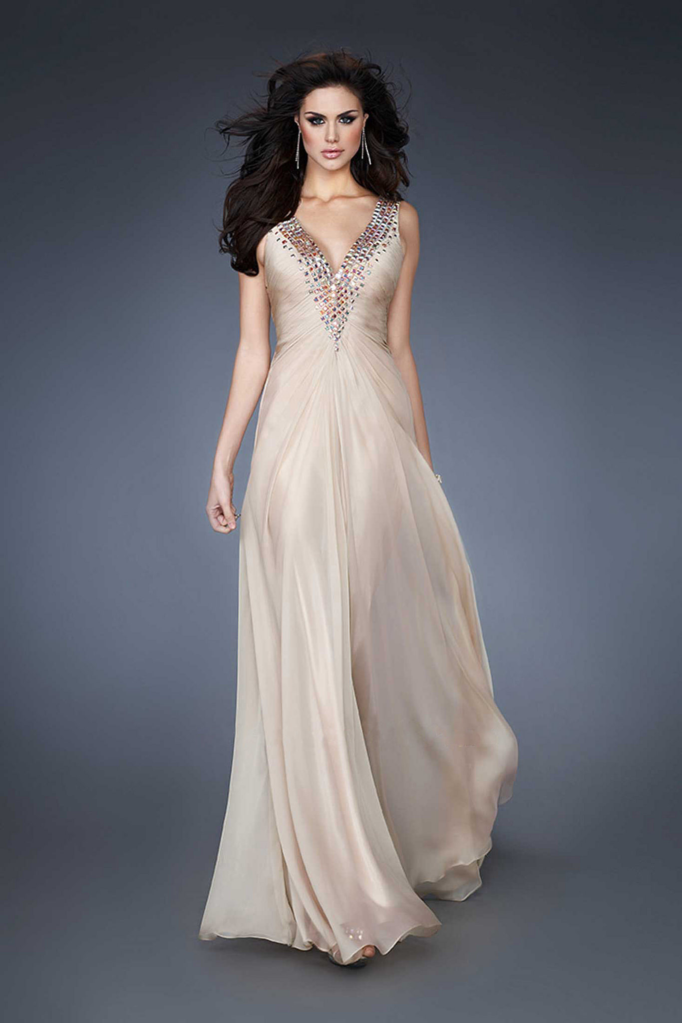 V-neck Natural Waist V-back Chiffon A-line Long Prom Dress
