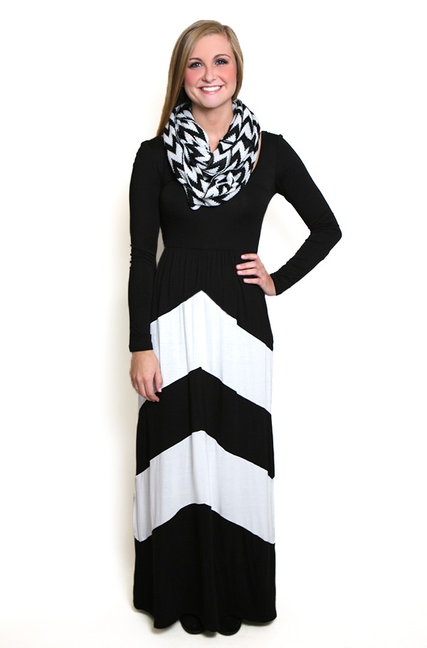 Walk This Way Long Maxi Sleeve Dress in Black and White