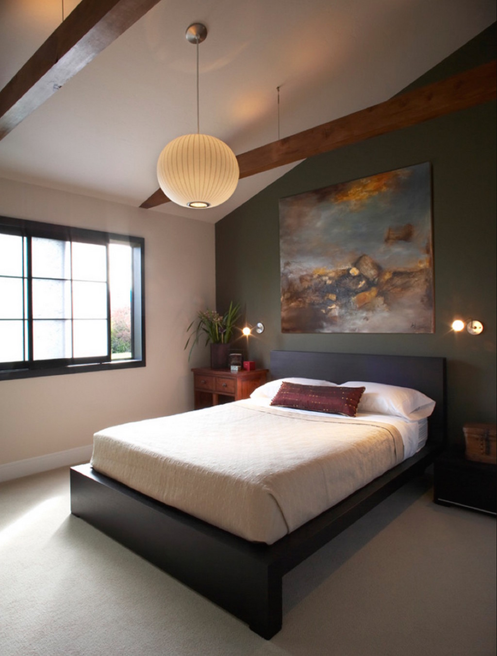 Woven Ball Pendant Light for Bedroom Design with Sloped Ceiling Design
