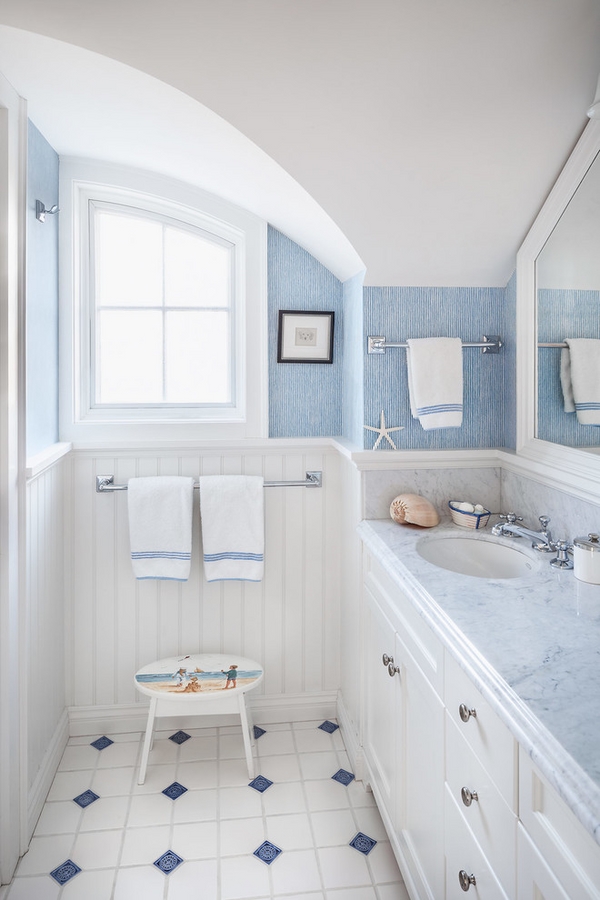 beautiful small bathroom designs white wainscoting panels blue wall color