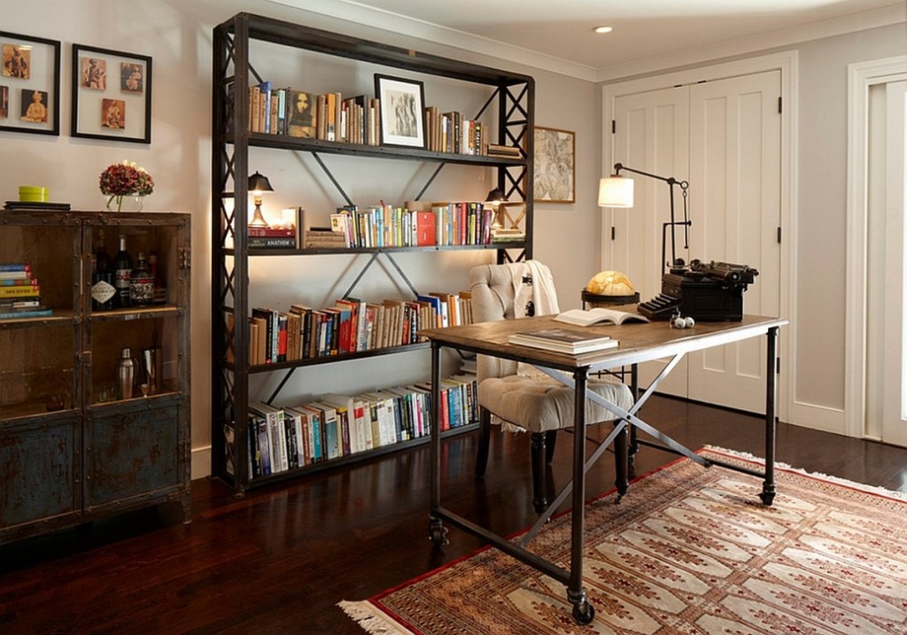 eclectic-home-office-with-white-wall-and-rustic-cabinet-also-Aged-look-of-the-bookshelf-and-vintage-rug-also-industrial-appeal