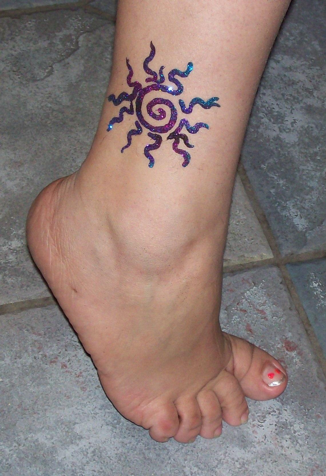 glitter sun ankle tattoo for girls