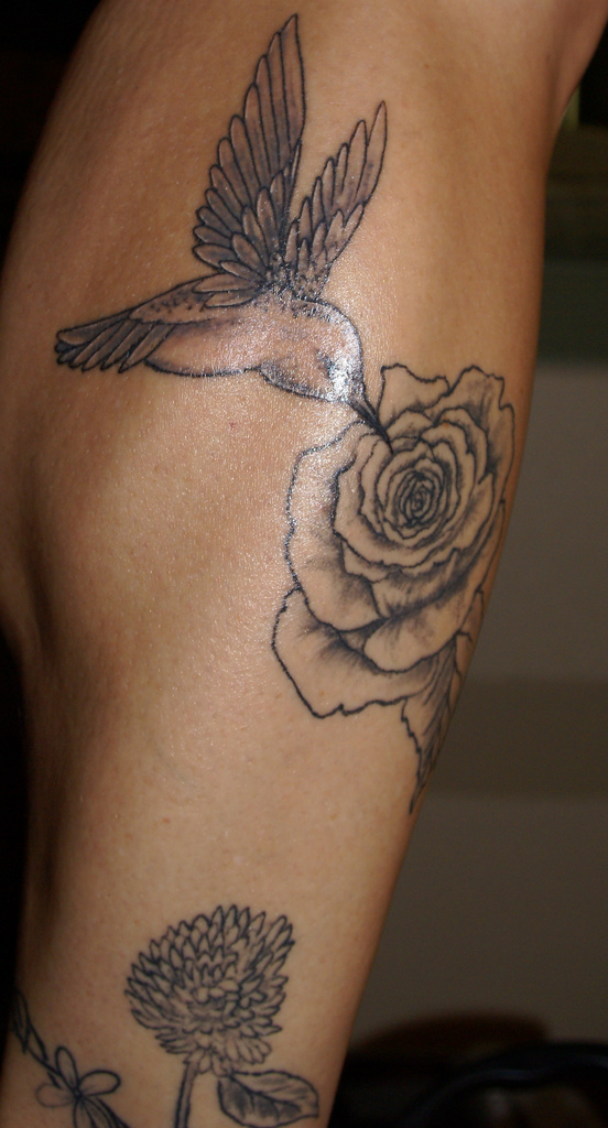 hummingbird rose clover tattoo