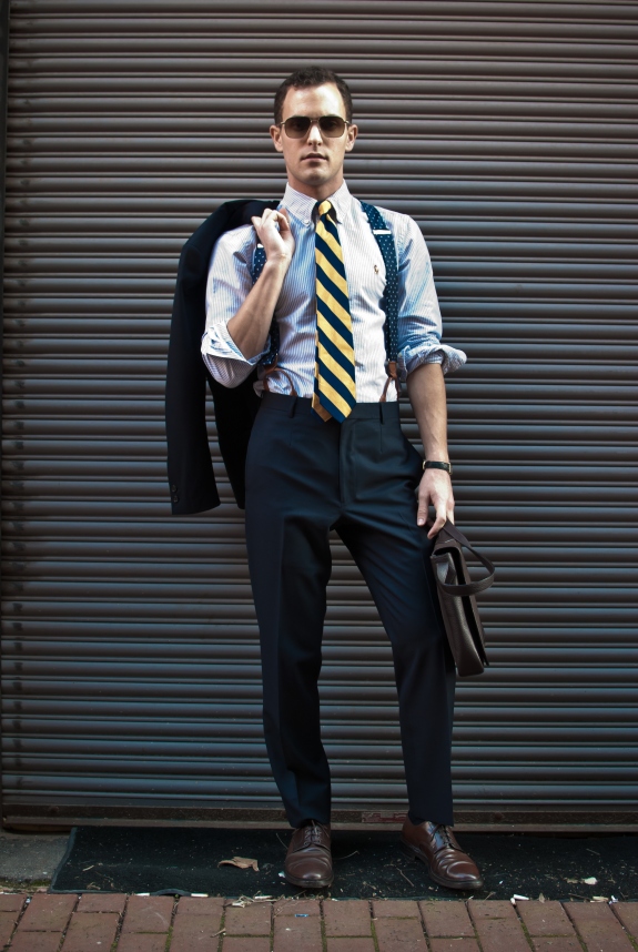 men suspenders with leather bag