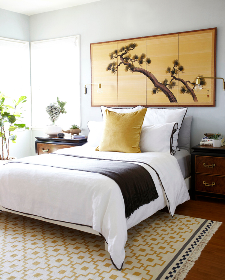 modern glamour apartment bedroom asian yellow wood
