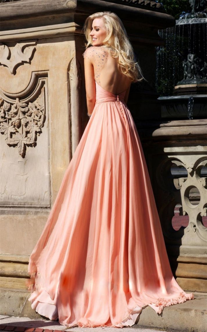 pastel coral bridesmaid dress with open back