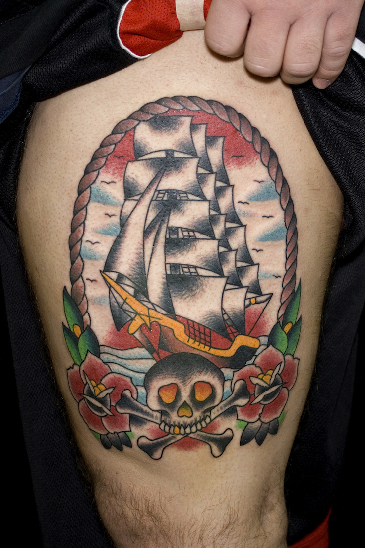 pirate ship traditional tattoo on thigh myke chambers