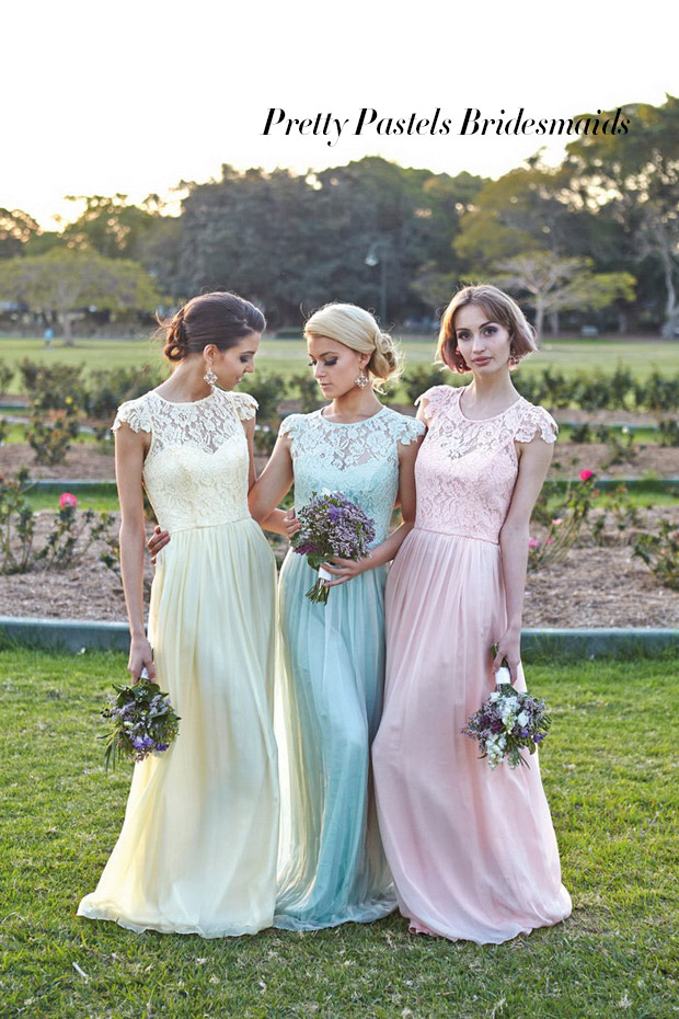 pretty pastels blue pink and yellow lace bridesmaid dresses