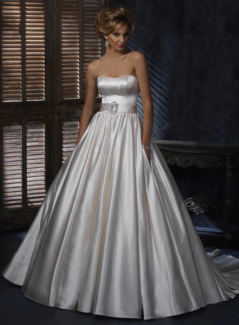 satin dipped neckline ball gown wedding dress with pockets