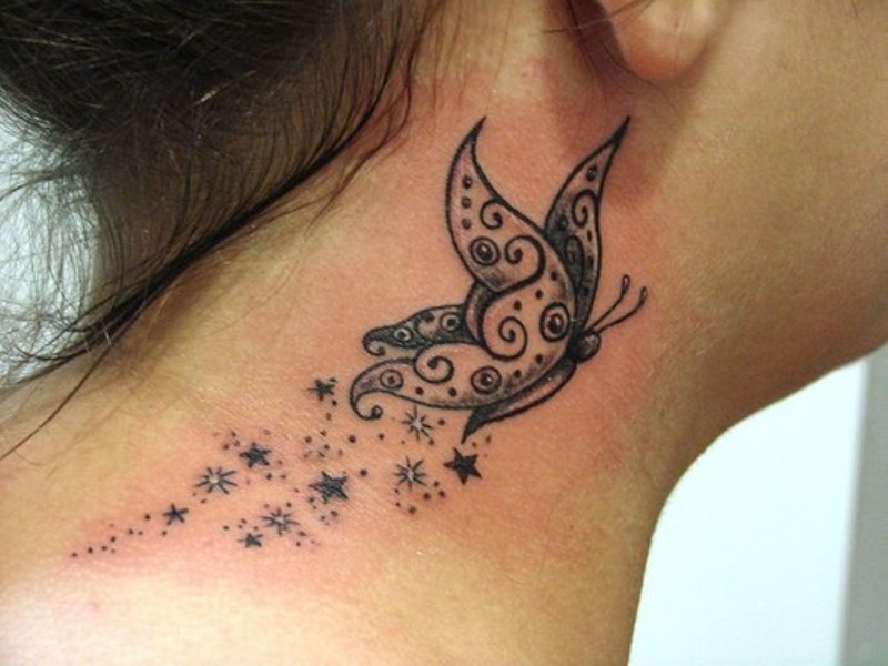 star tattoo neck butterfly