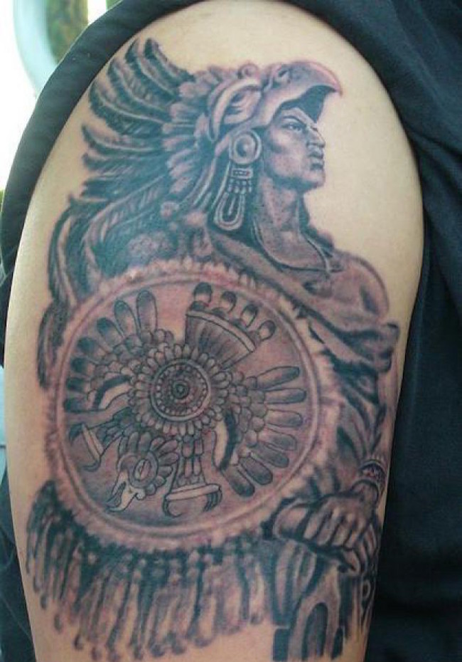 Crazy Aztec Warrior Tattoo On Right Half Sleeve
