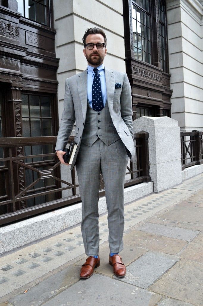 Gray suit brown shoes