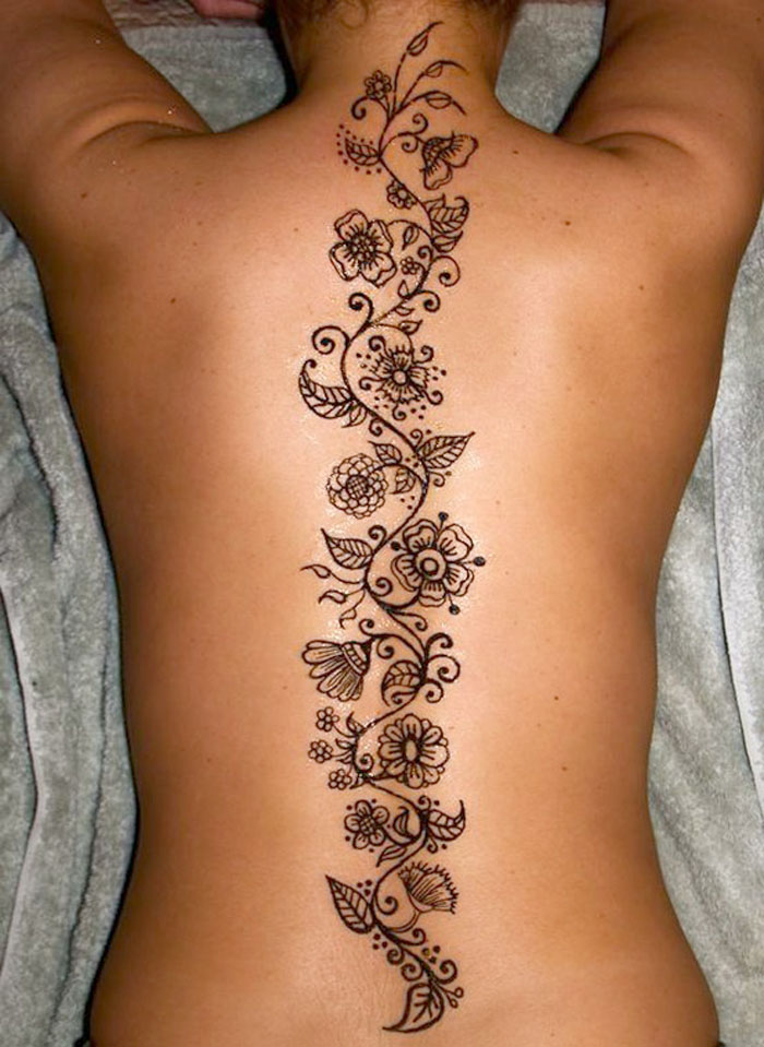 Grey Flowers Spine Tattoo for Back Body