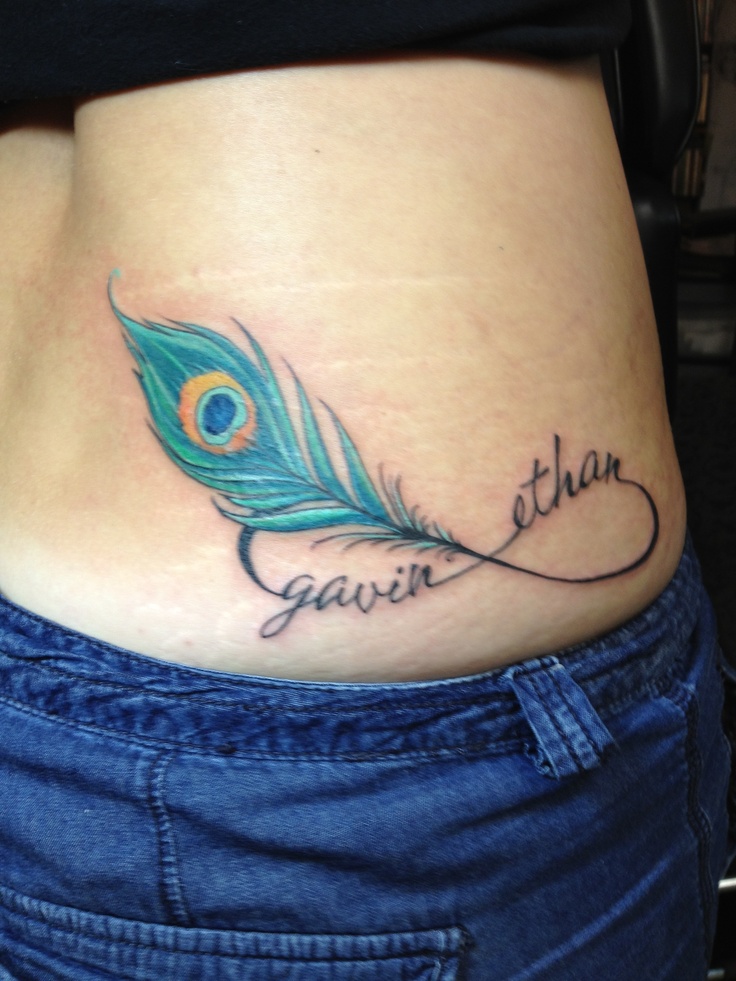 Infinity tattoo with my boys names and peacock feather