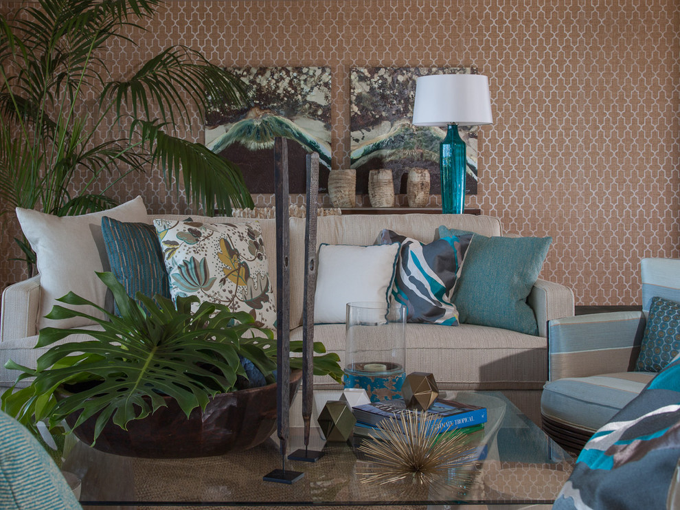 Living Room Tropical with accent color aqua marine