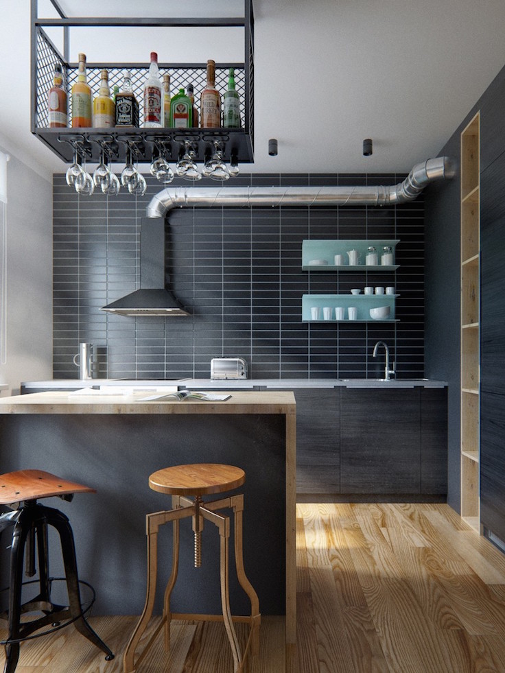 Modern Industrial Kitchen Design With Cool Black Brick Wall