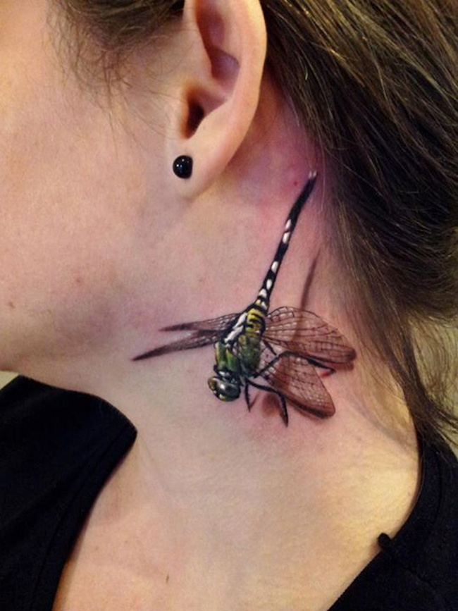 Neck green dragonfly tattoo