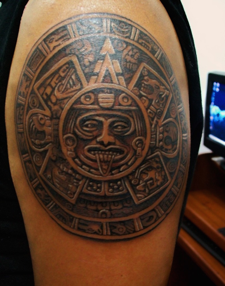 Nice Aztec Calendar Tattoo On Shoulder