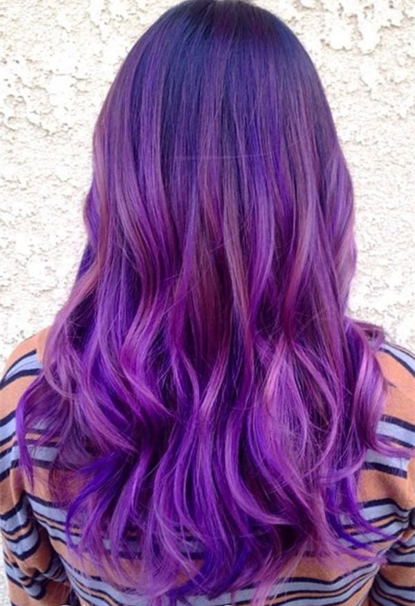 Purple ombre balayage hairstyle for dark hair color