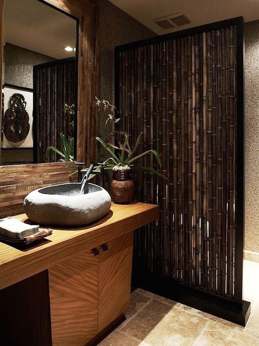 Remarkable Bathroom Devider Made From Natural Bamboo And Dark Wooden