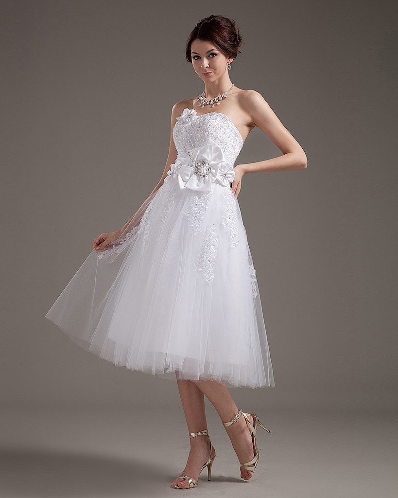 Tulle Strapless Tea Length Wedding Dresses