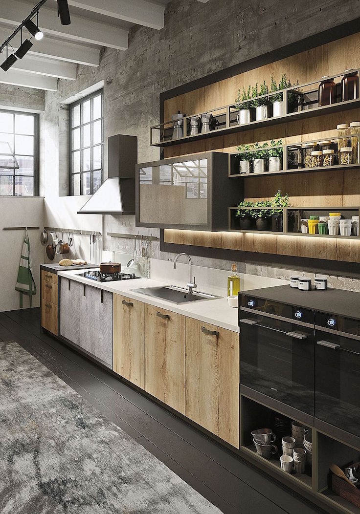 Wood glass and metal shape the lovely Loft Industrial kitchen