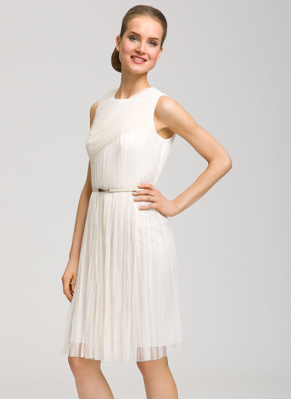 affordable elegant column sheath scoop neckline knee length ivory tulle reception dress