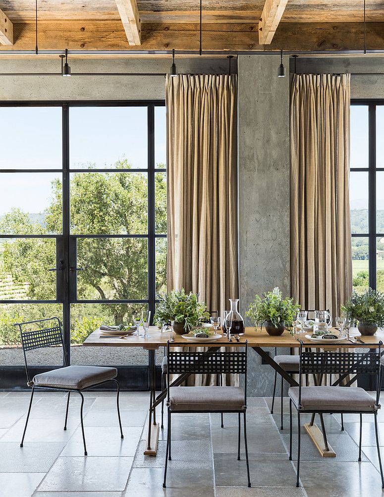 concrete walls farmhouse dining room beautiful curtains and dining sets