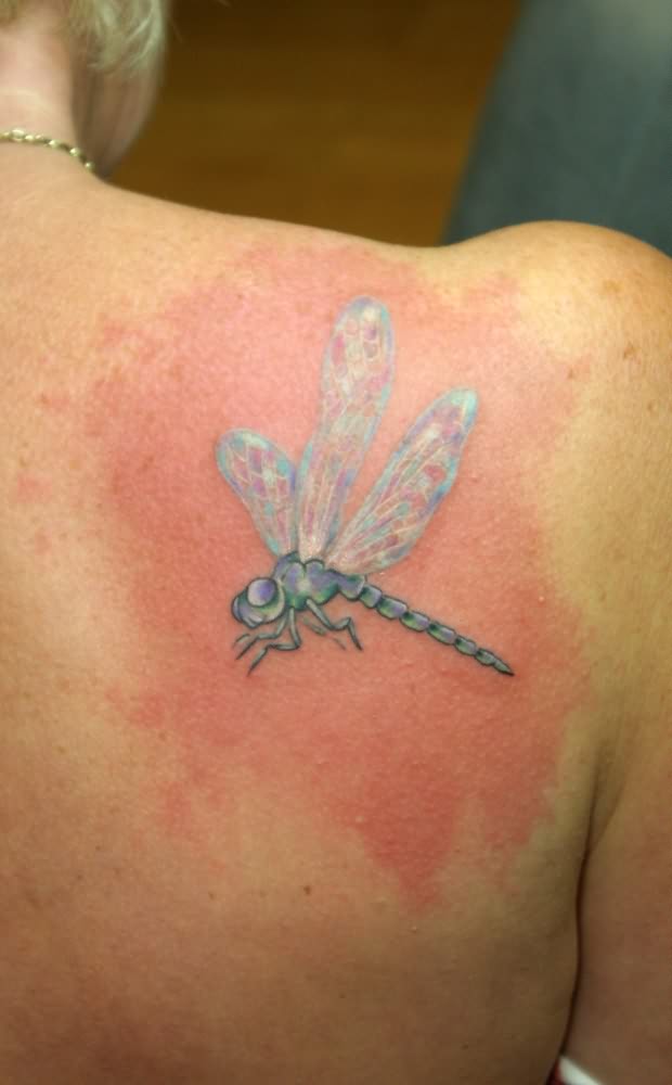 dragonfly tatoo on shoulder