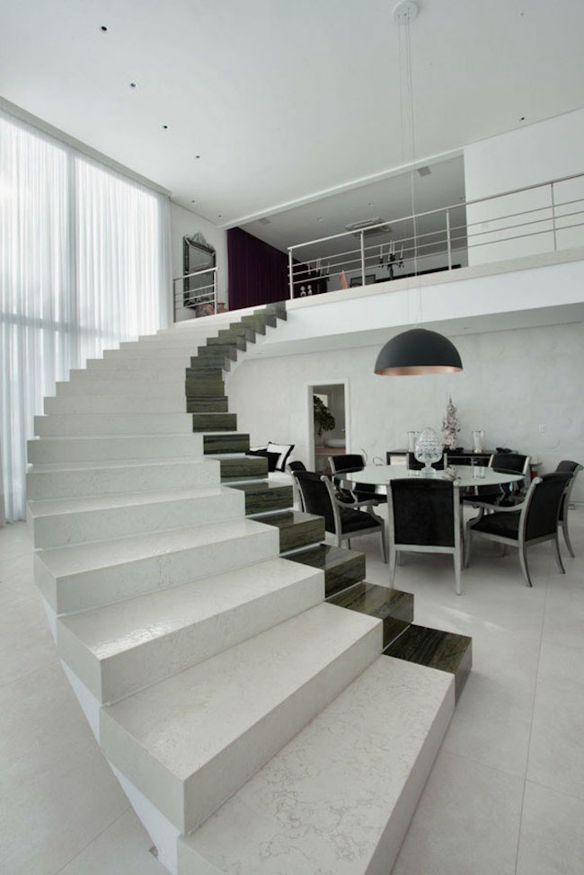 modern staircase design ideas with white marble and black accent without handrails