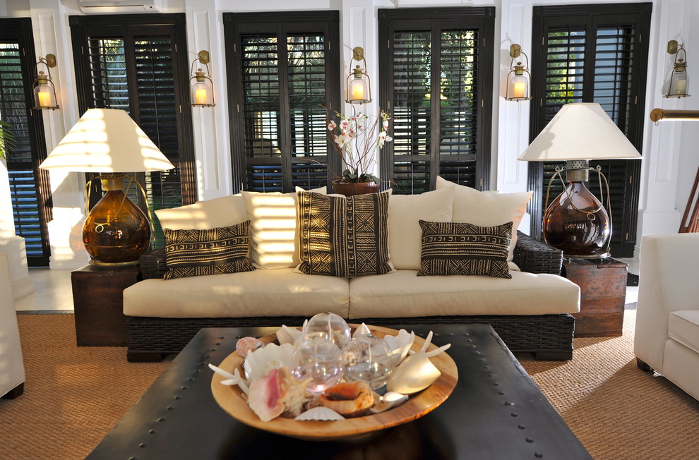 plantation shutters Living Room Tropical with black shutters lantern wall