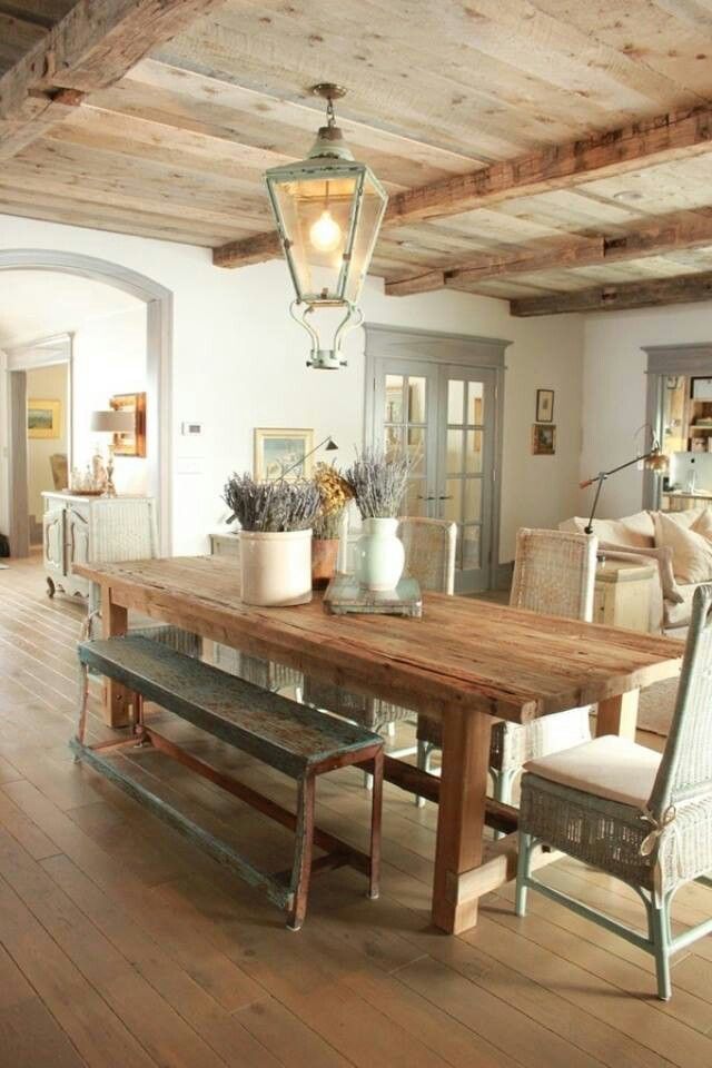rustic dining with farmhouse table and eclectic chair set