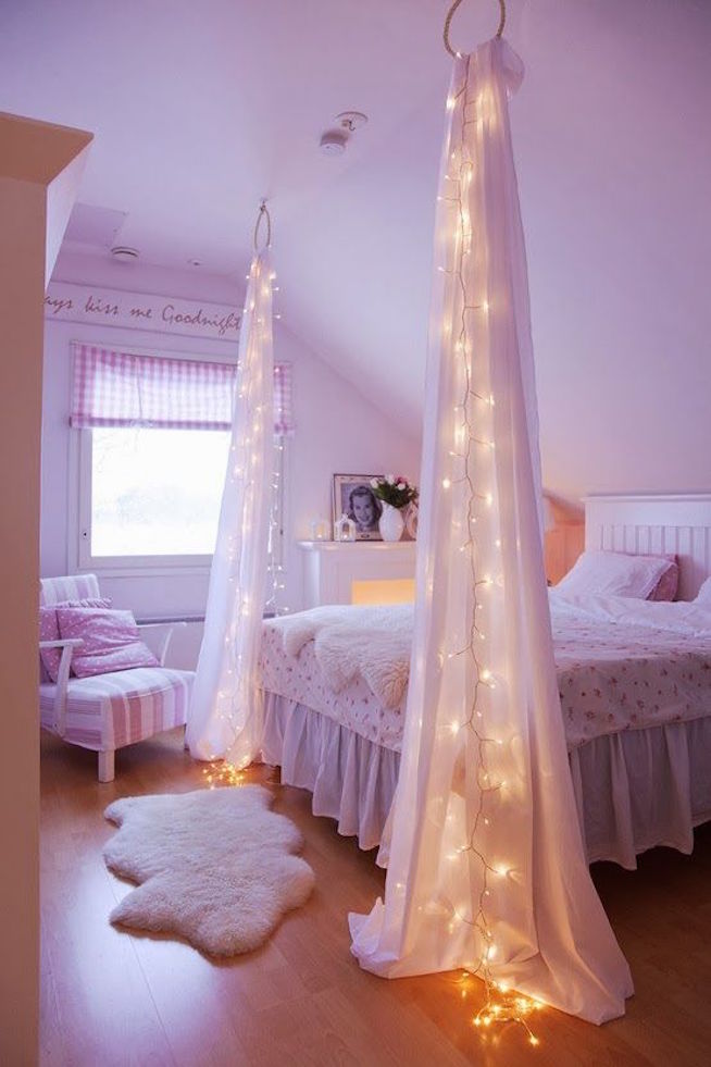 Bedroom Christmas Lights on the hanging white curtains