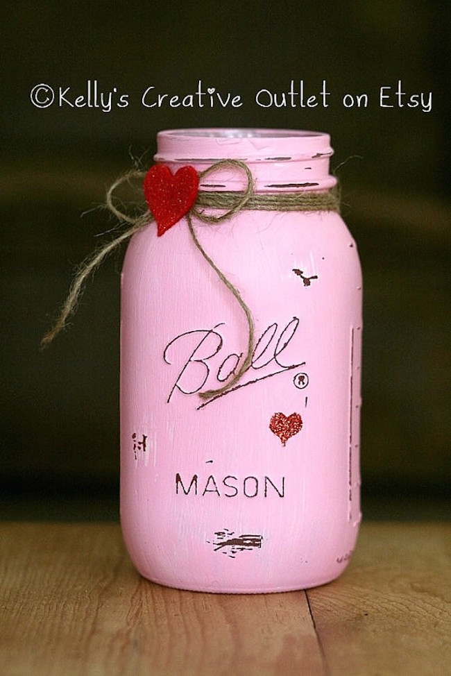 Valentine's Day Shabby Hand Painted Mason Jar Gift for Her