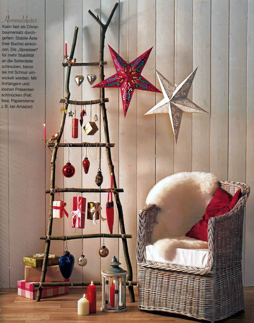 amusing christmas design inspiration red and grey star ornament with pattern natural bole ladder with iron vintage lantern