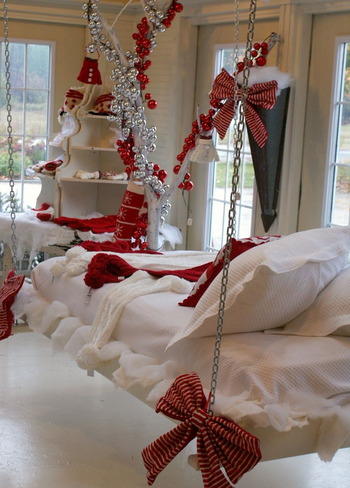 cool christmas bedroom decor with superb cozy white swing bed with sweet ribbon accents
