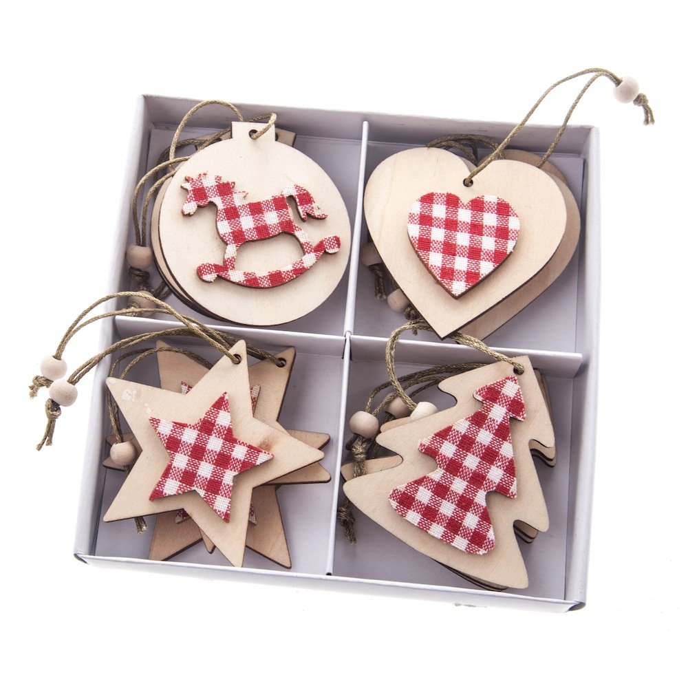 gingham shaped wooden christmas decorations