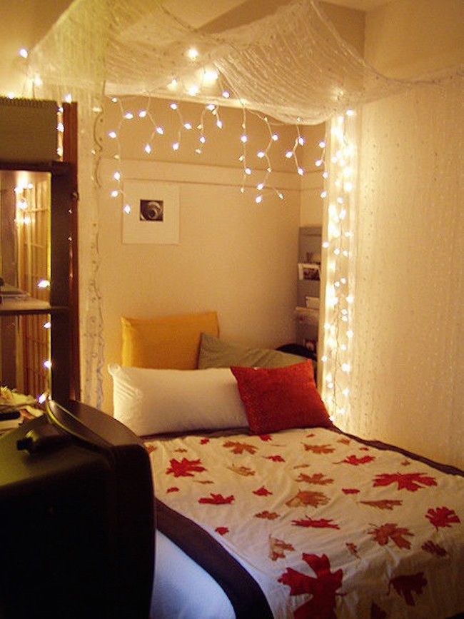 holiday lights in a bedroom