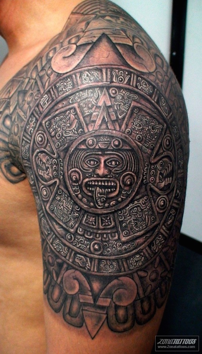 Aztec Tattoo On Man Left Half Sleeve