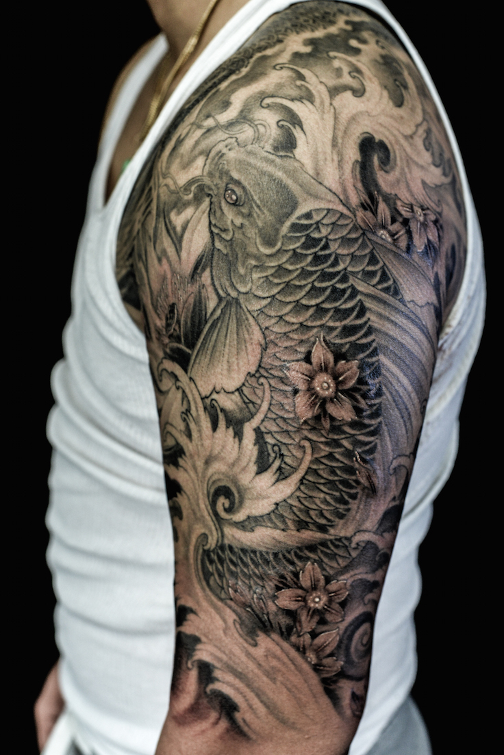Black And Grey Koi Tattoo Sleeve