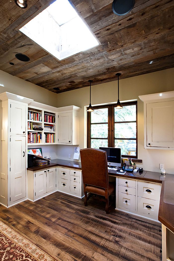 Ceiling design adds to the style of the rustic home office